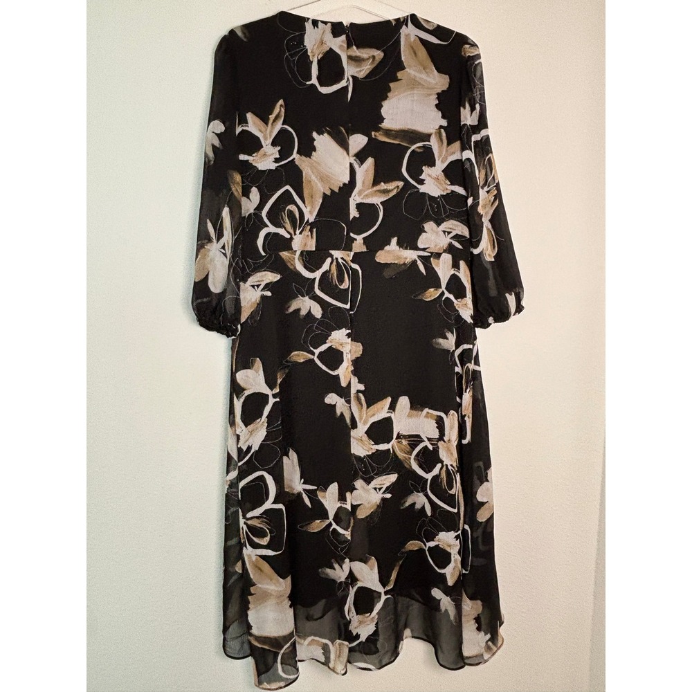 DKNY Womens Plus Size 18 Floral‎ Faux Wrap Midi Dress Black Tan V-Neck High-Low